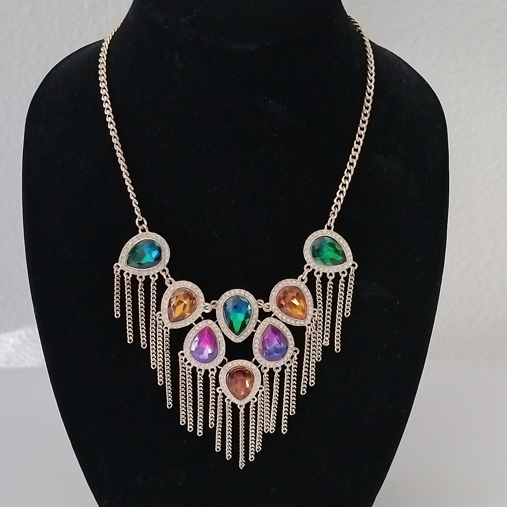 Nicole Miller 10 Year Anniversary Multicolored Teardrop Crystals Fringe Necklace
